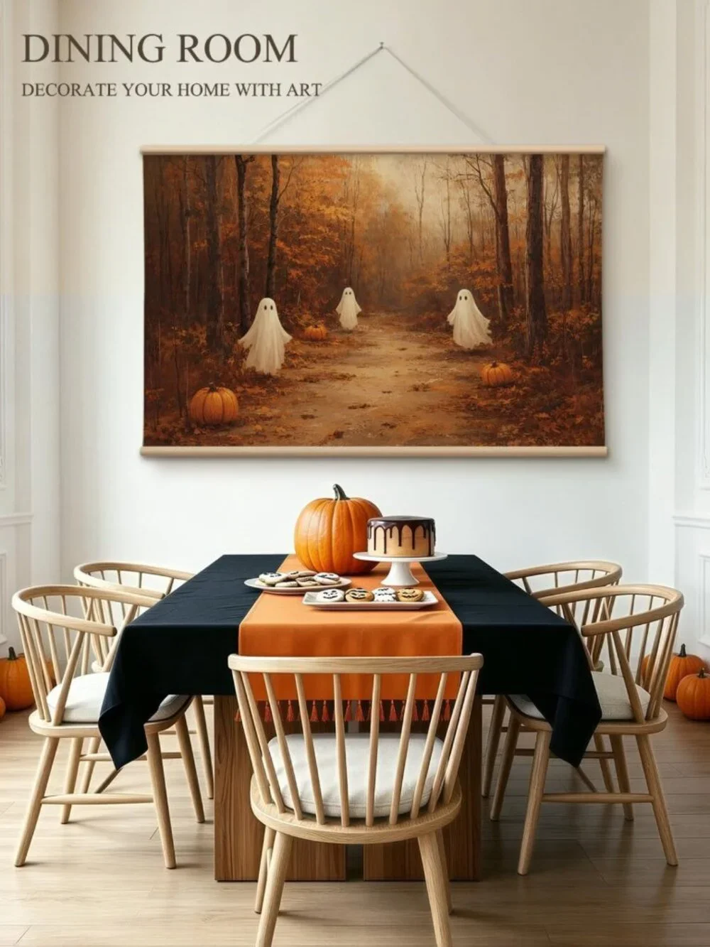 Extra Large Vintage Halloween Wall Art 36x54, Cute Ghosts & Pumpkins Canvas